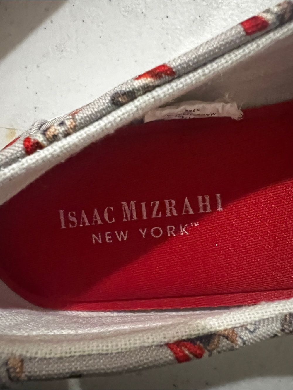 Isaac Mizrahi Gray Slip-On Moccasins with Red Lining and Multicolor Print - Picture 7 of 8